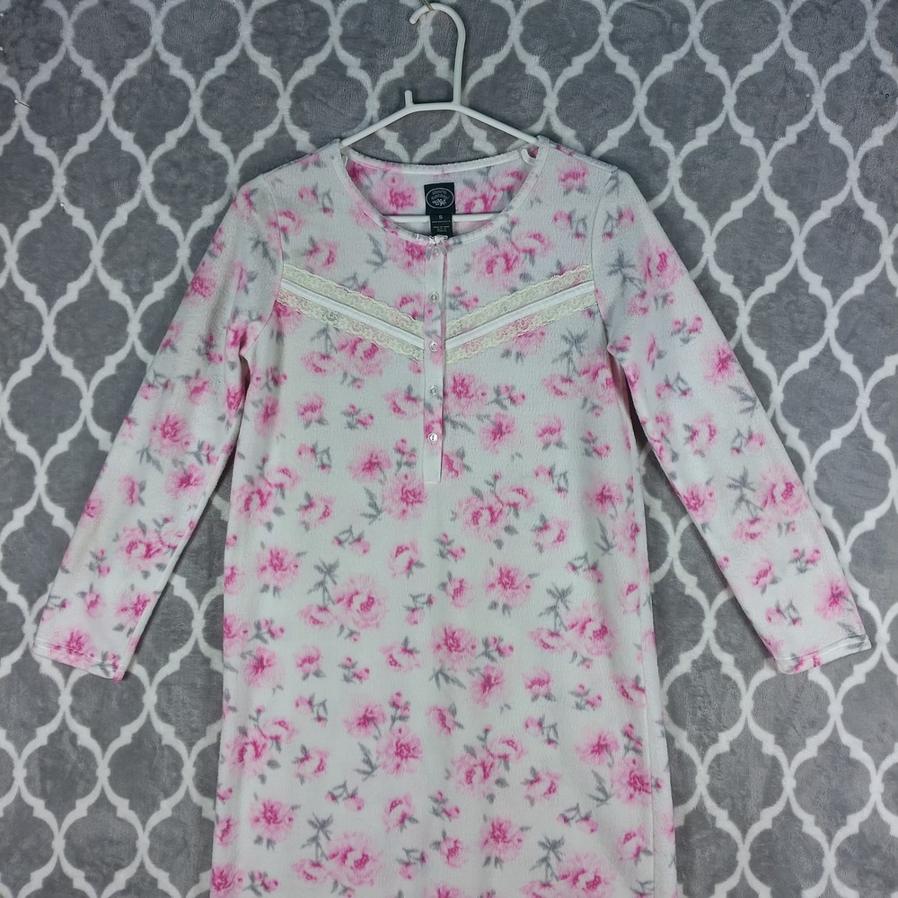 Laura Ashley Nightgown Sz S Pink Floral Fleece Lace Henley Long Sleeve Cozy Soft